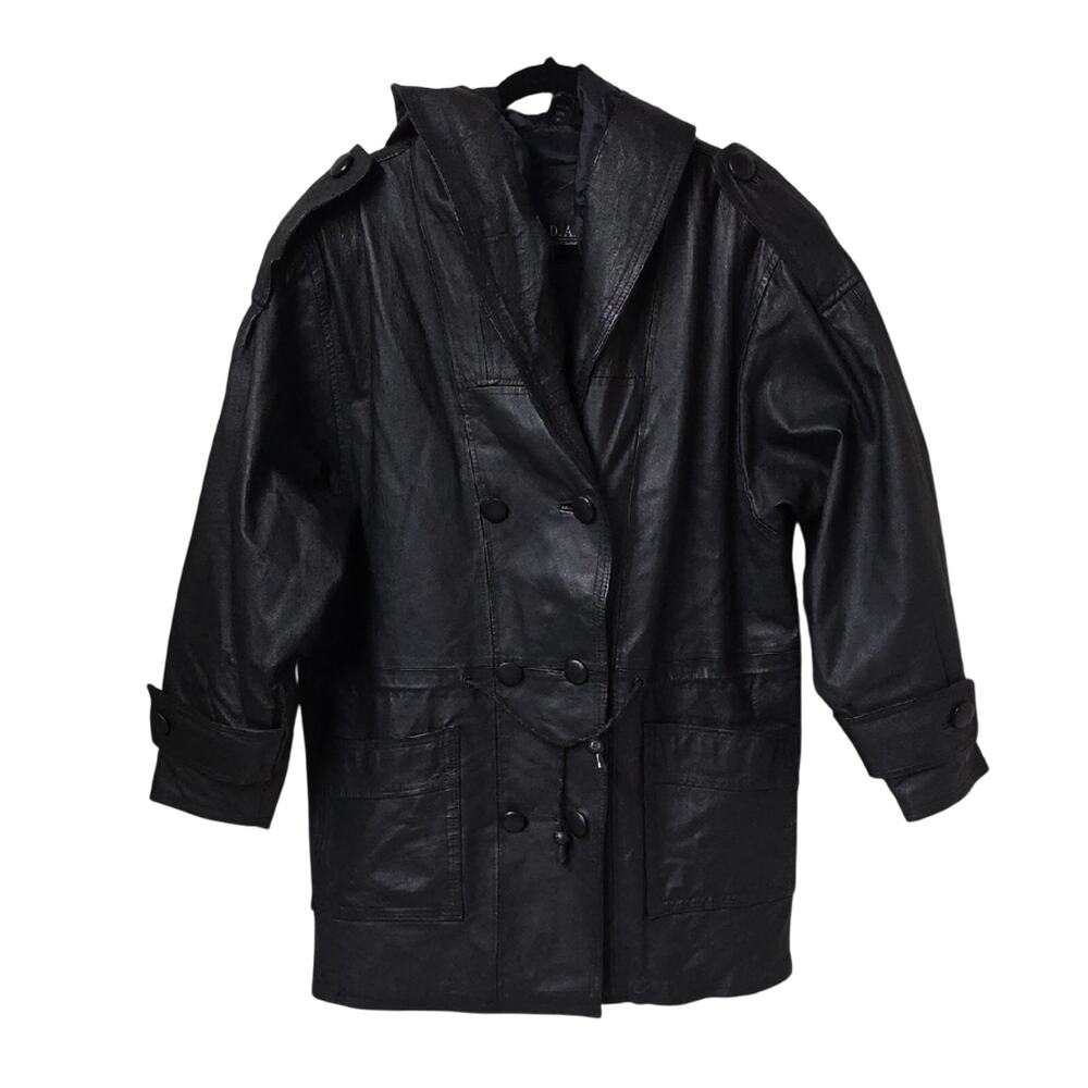 DANY Direct Action New York Black Leather Hooded Double Breasted Jacket Womens M
